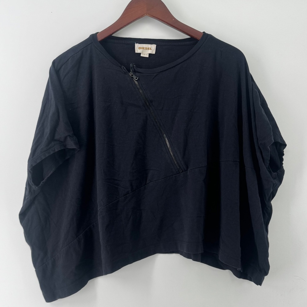 Diesel Black Asymmetrical Zip Short Sleeve Boxy Top Size S Cotton Paneled Edgy